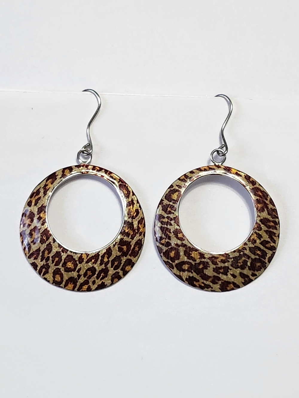 Sterling Silver Enamel Leopard Print Open Hoop Dangle Earrings 2" - Picture 8 of 10
